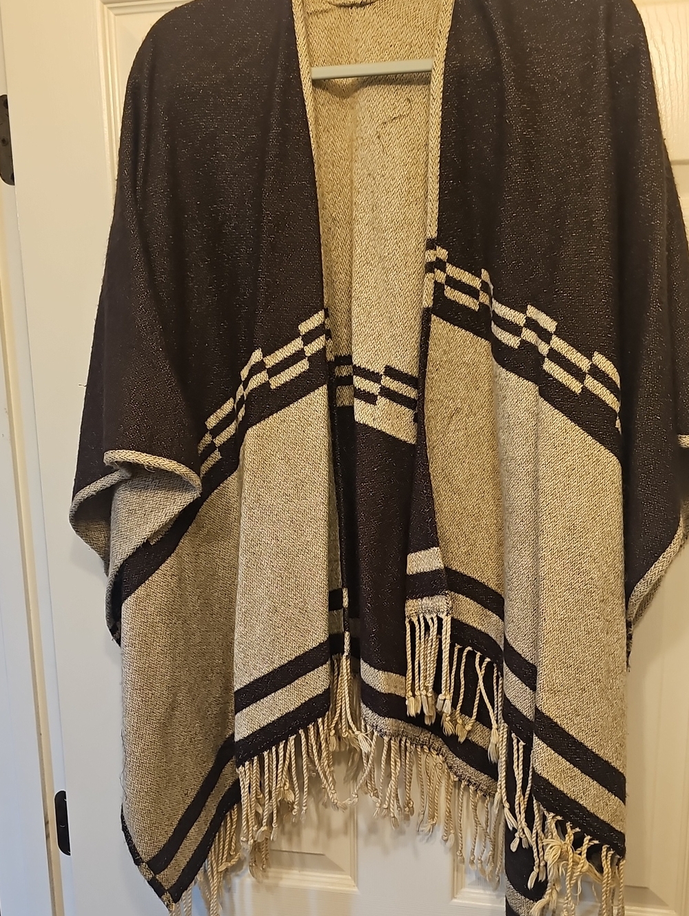 Neutral Two-Tone Fringe Throw Poncho - Beige and Brown - Picture 1 of 3